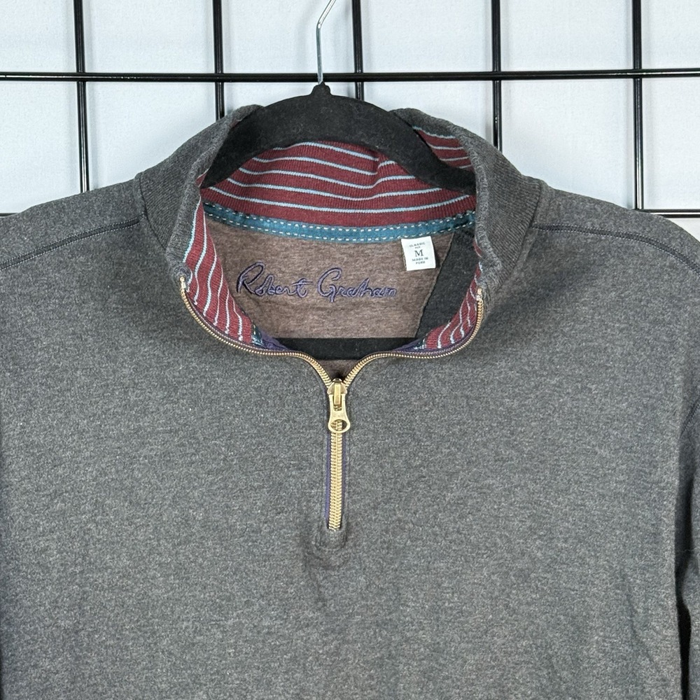 Robert Graham 1/4 Zip Pullover Sweater Mens Medium Gray Rainbow‎ Flip Cuff
